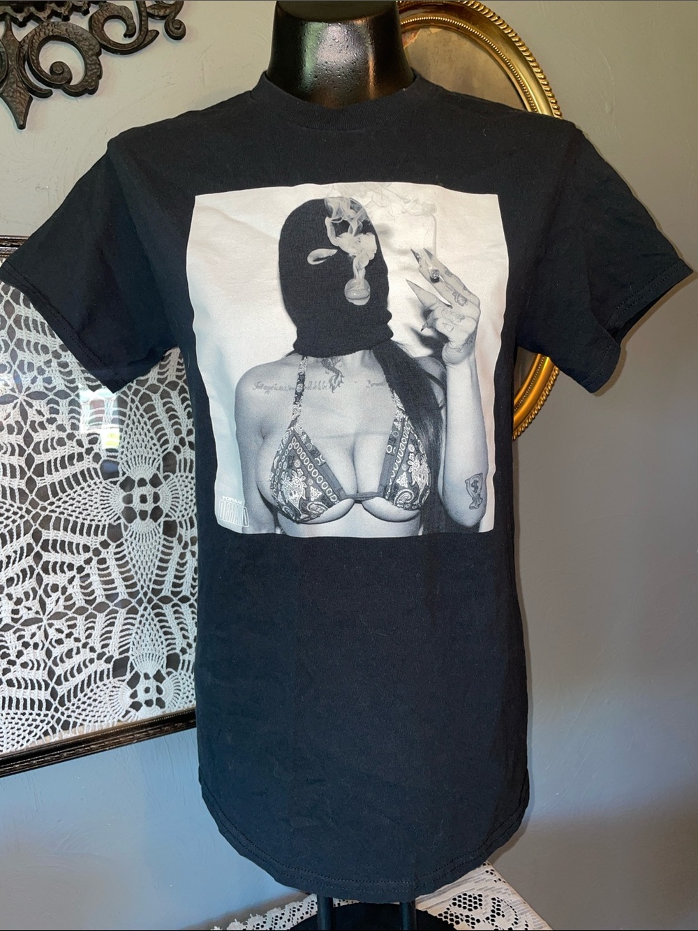 Black Graphic Short Sleeve Tee with Printed Photo Panel